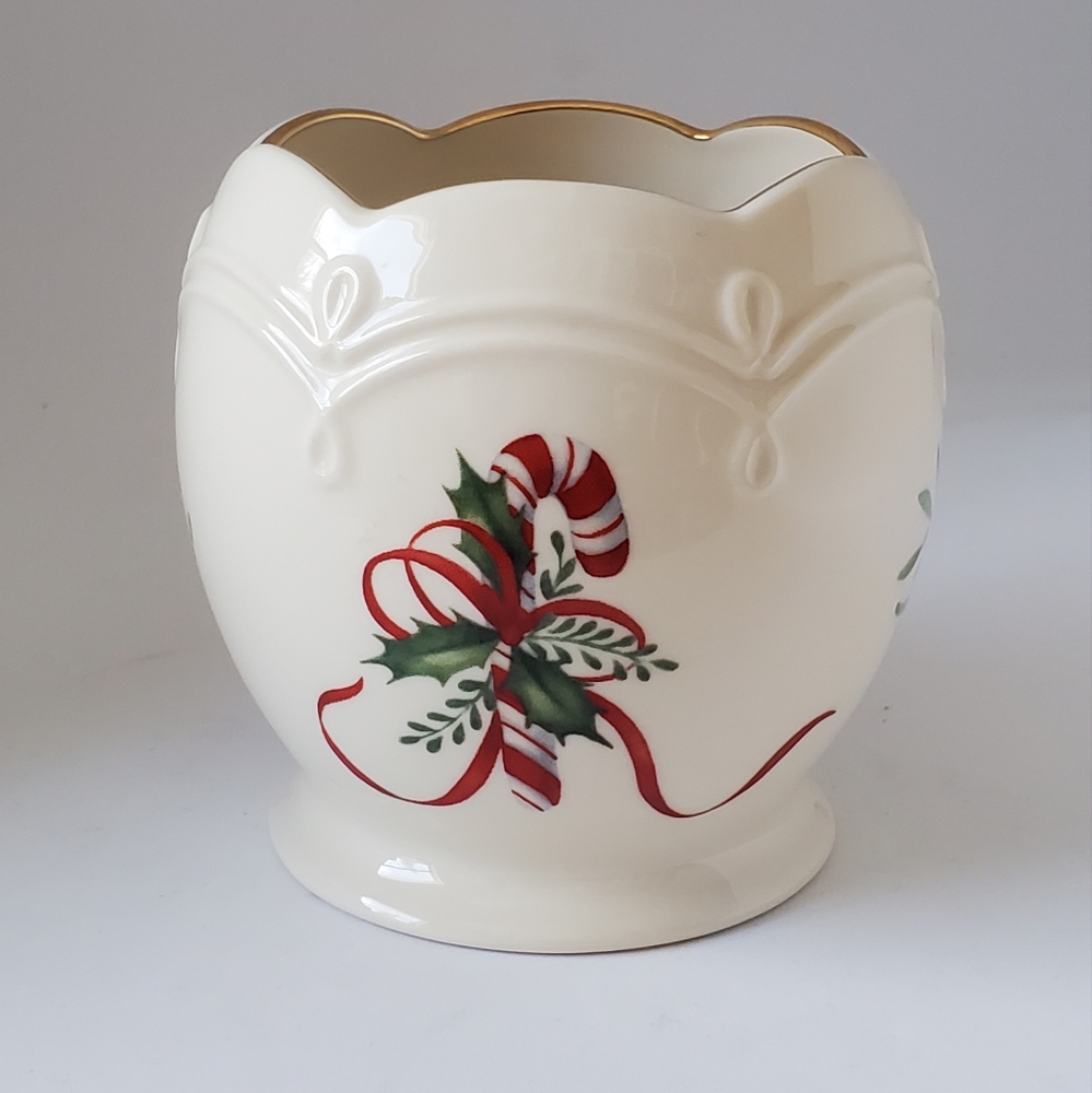 Lenox Votive Holder 24kt Gold Christmas Candy Cane Mistletoe Tealight Holder EUC